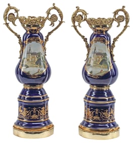 (2) SEVRES STYLE ORMOLU-MOUNTED COBALT PORCELAIN VASES