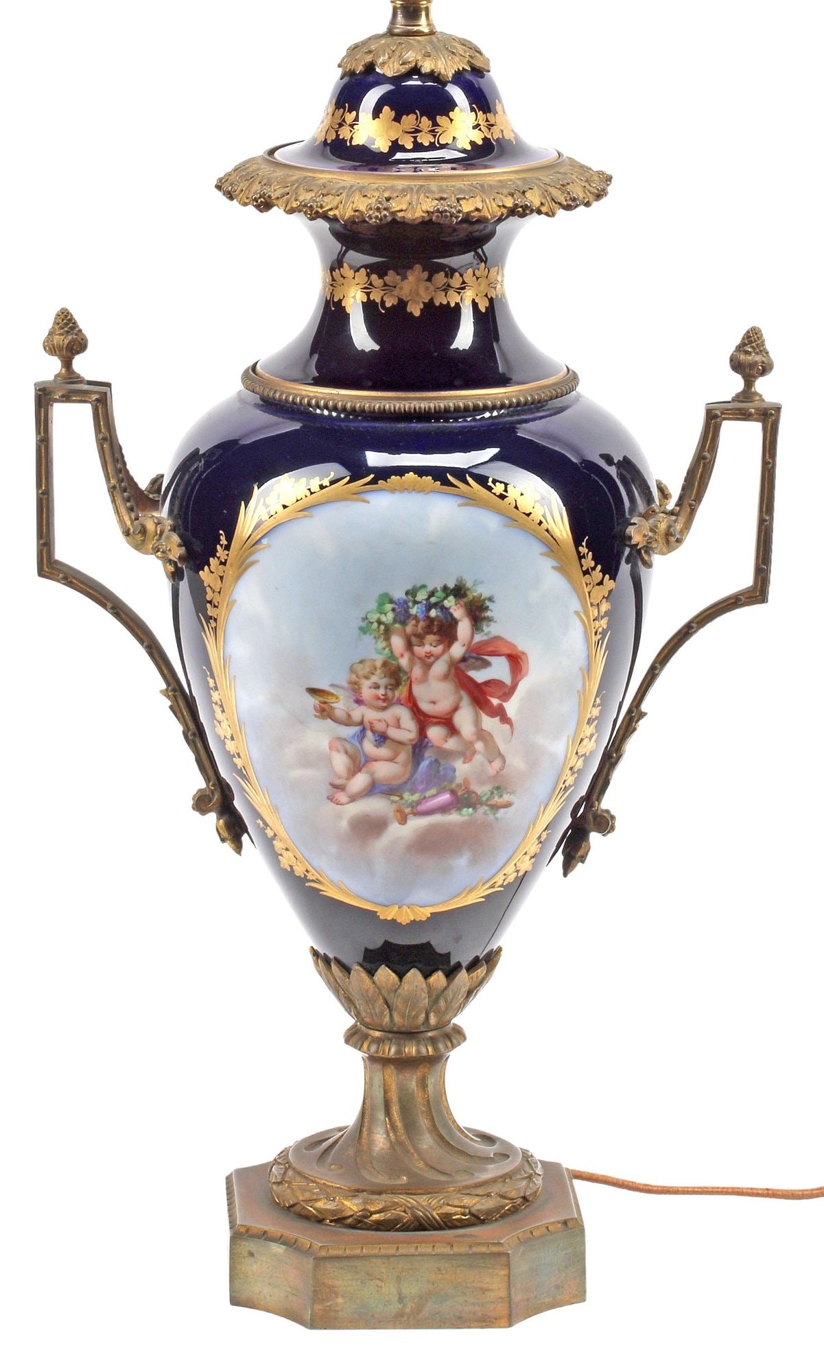 FRENCH SEVRES STYLE COBALT VASE CONVERTED TO A 2-LIGHT TABLE LAMP (1 of 6)
