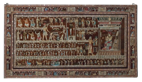 LARGE EGYPTIAN REVIVAL PAINTED & INLAID WALL PANEL, 29.5" X 55"