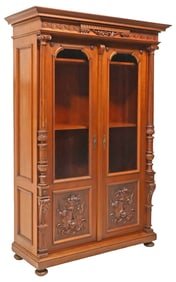 FRENCH RENAISSANCE REVIVAL CARVED WALNUT DISPLAY BOOKCASE
