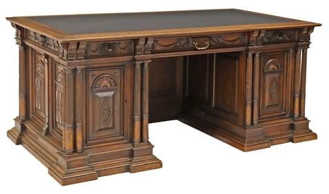 FRENCH RENAISSANCE REVIVAL FINELY-CARVED WALNUT PEDESTAL DESK