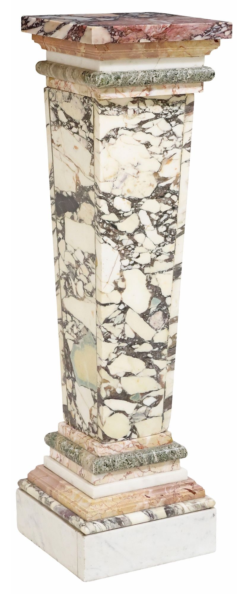 POLYCHROME VEINED MARBLE PEDESTAL/ DISPLAY STAND: Columnar marble display pedestal/ plant stand, 20th c., varied marbles, having squared capital, rising on a tapering standard, ending on stepped plinth, approx 39.25"h, 11.25"w, 11"d