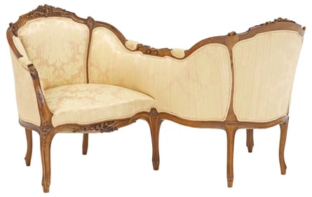FRENCH LOUIS XV STYLE SILK-UPHOLSTERED CARVED WALNUT TETE-A-TETE