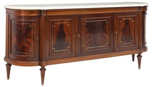 FRENCH LOUIS XVI STYLE MARBLE-TOP FLAME MAHOGANY SIDEBOARD