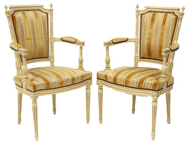 (2) FRENCH LOUIS XVI STYLE UPHOLSTERED ARMCHAIRS / FAUTEUILS