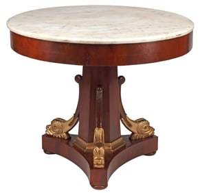 NEOCLASSICAL STYLE MARBLE-TOP PARCEL-GILT PEDESTAL TABLE