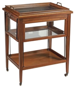 NEOCLASSICAL STYLE MAHOGANY & GLASS TRAY-TOP VITRINE CART / SERVICE TROLLEY