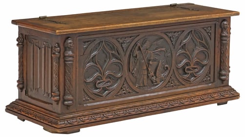 FRENCH GOTHIC REVIVAL HEAVILY CARVED OAK STORAGE COFFER