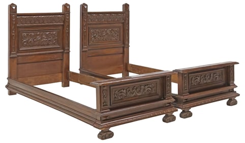 (2) ITALIAN RENAISSANCE REVIVAL CARVED WALNUT BEDS