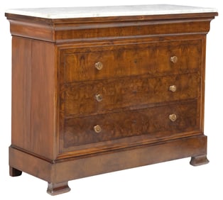 FRENCH LOUIS PHILIPPE PERIOD MARBLE-TOP BURL WALNUT COMMODE