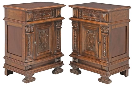 (2) ITALIAN RENAISSANCE REVIVAL CARVED OAK BEDSIDE CABINETS
