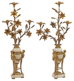 (2) FRENCH ORMOLU & MARBLE FLOWERING 3-LIGHT CANDELABRA