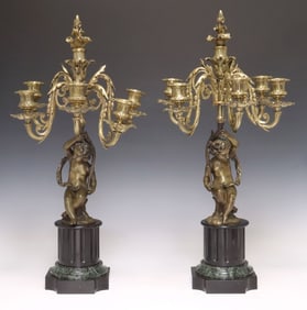 (2) FRENCH PATINATED, GILT-BRONZE & MARBLE SIX-LIGHT CANDELABRA