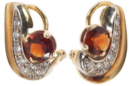 (2) ESTATE 18KT YELLOW GOLD, GARNET HESSONITE & DIAMOND EARRINGS