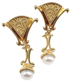ESTATE 18KT YELLOW GOLD FAN-FORM & PEARL DROP EARRINGS