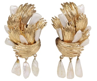 (PAIR) ESTATE 14KT YELLOW GOLD & BAROQUE PEARL DROP EARRINGS