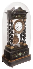 FRENCH NAPOLEON III BRASS-INLAID & EBONIZED PORTICO CLOCK IN CLOCHE