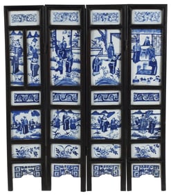 CHINESE BLUE & WHITE PORCELAIN INSET FOLDING 4-PANEL SCREEN