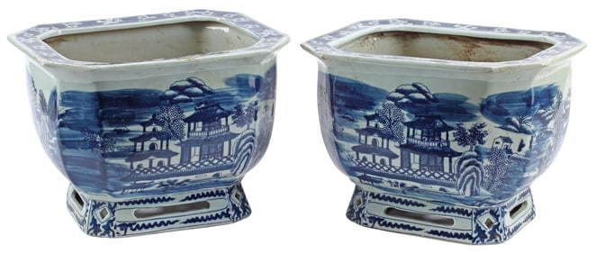 (2) CHINESE BLUE & WHITE PORCELAIN OCTAGONAL PLANTERS / JARDINIERES