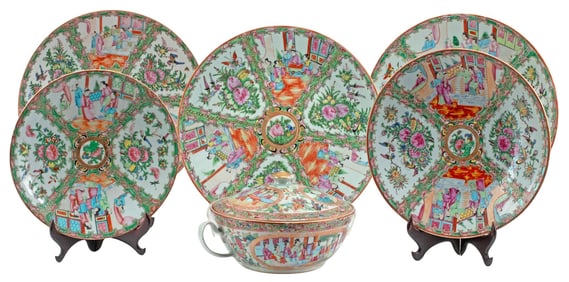 (6) CHINESE ROSE MEDALLION PORCELAIN CHARGERS & COVERED BOWL