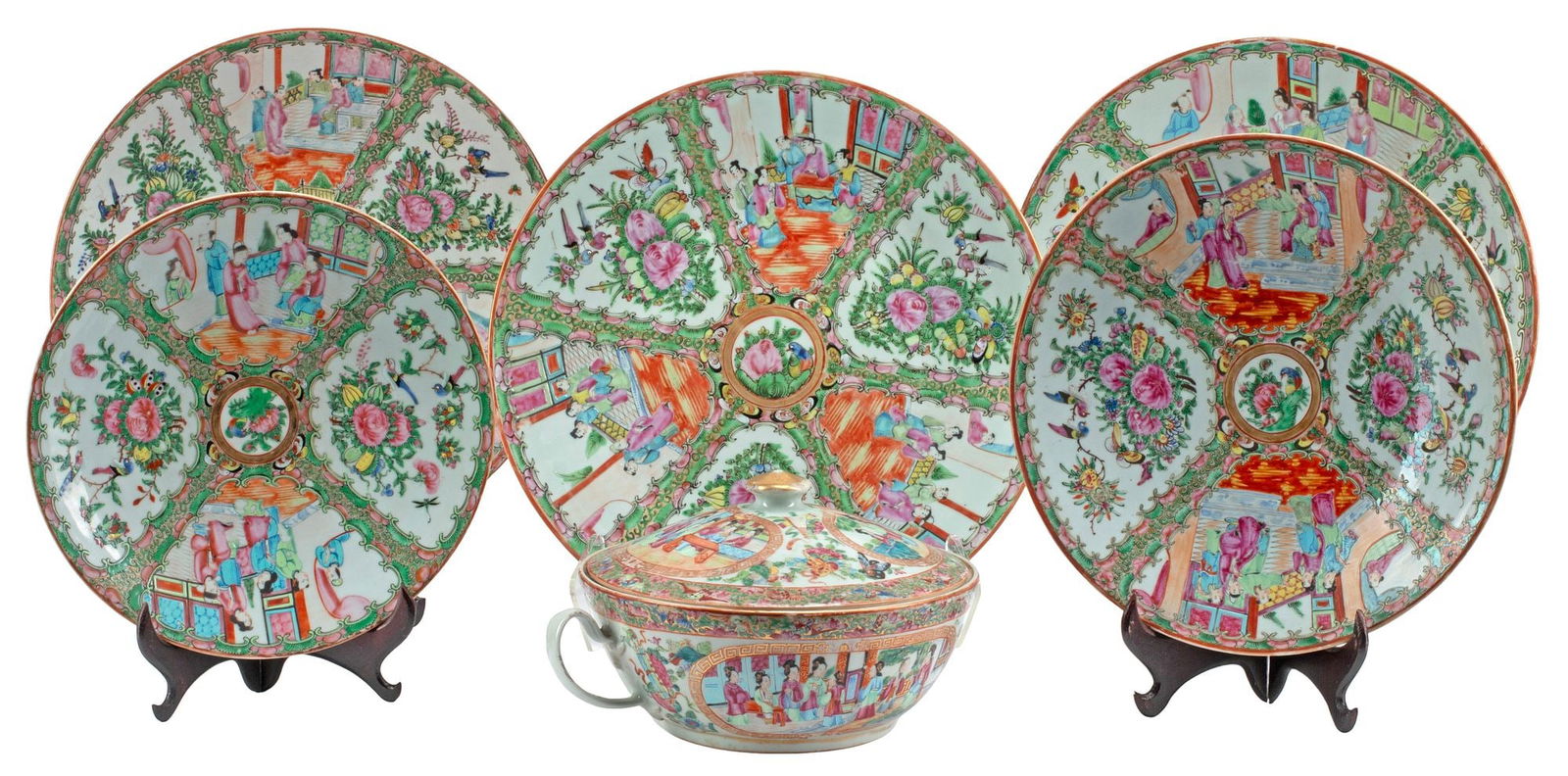 (6) CHINESE ROSE MEDALLION PORCELAIN CHARGERS & COVERED BOWL (1 of 4)