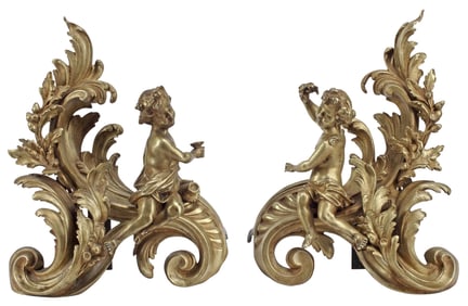 (2) FRENCH LOUIS XV STYLE ORMOLU CHERUB CHENETS/ ANDIRONS