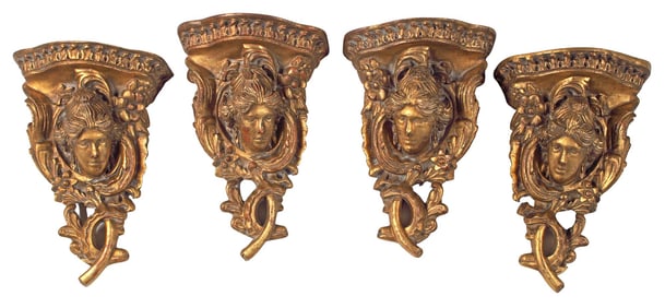 (4) LOUIS XV STYLE PARCEL GILT FIGURAL MASK WALL BRACKETS