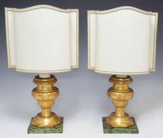 (2) ECCLESIASTICAL ITALIAN GILTWOOD CANDLE PRICKETS NOW AS 1-LT TABLE LAMPS