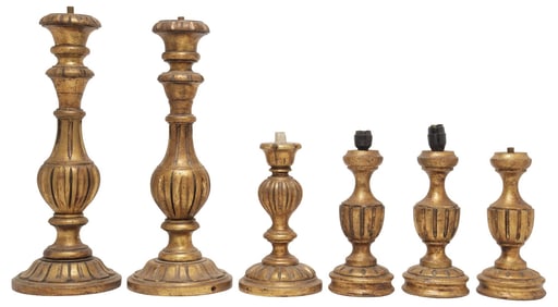 (6) ITALIAN GILTWOOD ECCLESIASTICAL CANDLESTICK 1-LT TABLE LAMPS