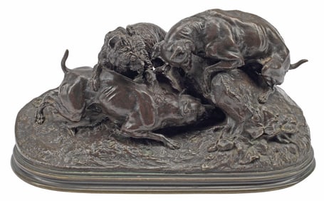 AFTER P.J. MENE (D.1897) BRONZE ANIMAL SCULPTURE, HUNTING DOGS