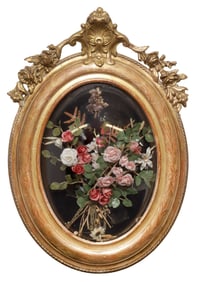 FRENCH SILK FLOWER ARRANGEMENT / BOUQUET IN GILTWOOD FRAME