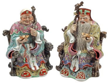 (2) LARGE CHINESE ENAMELED PORCELAIN SANXING FIGURES, SHOU & FU