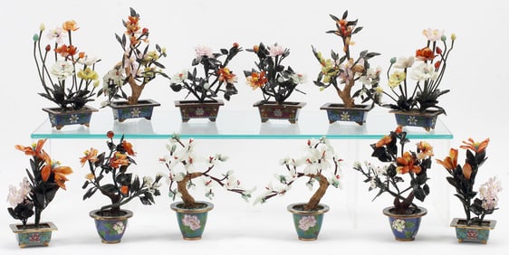 (12) CHINESE HARDSTONE FLOWERING TREES IN CLOISONNE PLANTERS