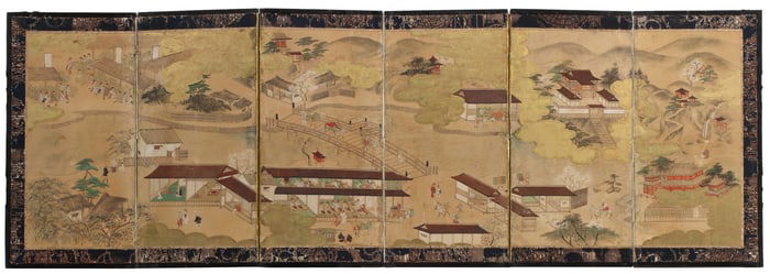 JAPANESE PAINTED 6-PANEL FOLDING BYOBU SCREEN, VILLAGE LANDSCAPE