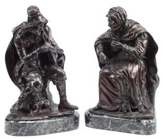 (2) DUTCH STYLE BRONZE SCULPTURES HURDY-GURDY PLAYER & OLD WOMAN