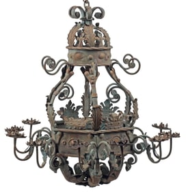 LARGE SPANISH REVIVAL STYLE WROUGHT IRON & TOLE 12-LIGHT CHANDELIER