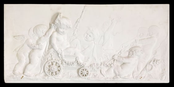 LARGE CLASSICAL STYLE CAST PLASTER CHERUBS RELIEF PLAQUE, 55" X 27"