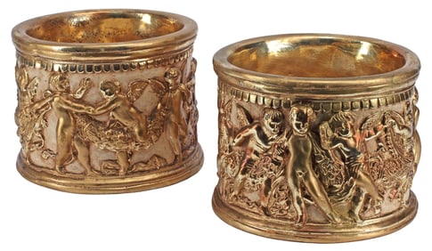 (2) NEOCLASSICAL STYLE GILT CHERUB FRIEZE PLANTERS / JARDINIERES