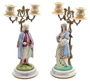 (2) JACOB PETIT STYLE FIGURAL PORCELAIN & BRONZE 2-LT CANDELABRA