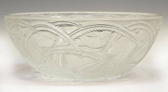 LALIQUE ART GLASS 'PINSONS' CENTER BOWL: Lalique art glass 'Pinsons' center bowl, frosted exterior detailed with birds intertwined in looping leafs, signed 'Lalique France' on bottom, 3.75"h, 9.25"diam, 4.25lbs Start Price: $150.00