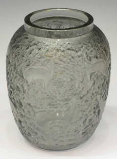 LALIQUE FRANCE GRAY 'BICHES' FROSTED VASE: Lalique, France frosted gray vase in the 'Biches' pattern, showing in relief deer among fruit trees and foliates, signed underfoot, 7"h, 2.5lbs Start Price: $150.00