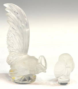 (2)LALIQUE CRYSTAL ROOSTER & OWL FORM PAPERWEIGHTS: (lot of 2) Lalique crystal paperweights, each in the form of a bird, including: (1) rooster with frosted accents, retaining paper label 'Made in France', 8.5"h, 5.5'l; (1) frosted owl on a colorless