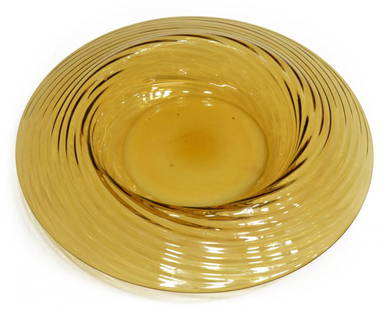 STEUBEN AMBER SWIRL CENTER BOWL: Steuben art glass amber center bowl, rolled and swirled ribbing on rim, signed underfoot, 3.75lbs total Start Price: $40.00