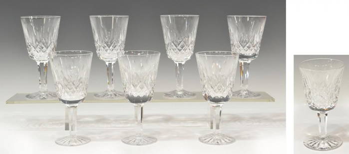 (8) WATERFORD CUT CRYSTAL 'LISMORE' CLARET GOBLETS: (lot of 8) Waterford cut crystal claret wine glasses, in the 'Lismore' pattern, one with chip at foot, approx. 5.5"h, 4.5lbs total Start Price: $150.00