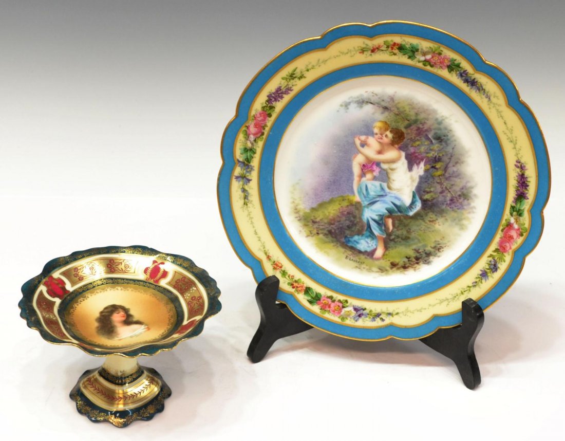 (2) SEVRES & WHEELOCK PORCELAIN CABINET ITEMS: (lot of 2) Continental porcelain cabinet items, comprising: (1) French Sevres hand painted plate, a scalloped rim with foliate wreath enclosing a woman and child, signed E. Laurent, with the 'Chateau 