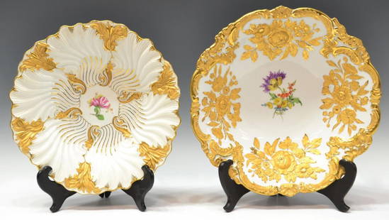 (2) MEISSEN HEAVILY GILDED PORCELAIN CENTER BOWLS: (lot of 2) Meissen porcelain center bowls: (1) having extensive gilt floral decoration with a central handpainted floral spray; (1) with scalloped edges and gilt and handpainted flowers on a ribbed