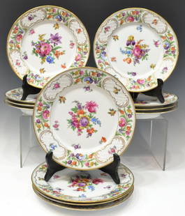 (12) BAVARIAN 'EMPRESS DRESDEN FLOWERS' PLATES: (set of 12) Collection of Schumann Bavaria 'Empress Dresden Flowers' parcel gilt porcelain plates, floral motif with lattice decoration around parcel gilt rim on a white ground, some minor flakes