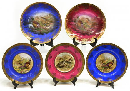 (5) PARCEL GILT PORCELAIN GAME PLATES & CHARGERS: (lot of 5) Collection of parcel gilt porcelain game plates and chargers, transfer decorated with pheasants and birds in central wells, some with raised enamel, marks as pictured, one on a Rosenthal