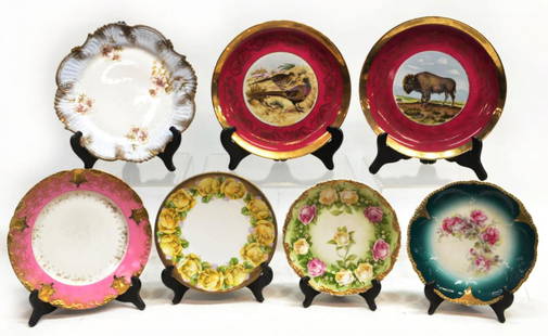 (7) COLLECTION PAINTED & DECORATED CABINET PLATES: (lot of 7) Hand painted and transfer decorated cabinet plates, foliated motifs and gilt rims, highlight include (2) Staffordshire game plates, (1) Limoges France pink and gilt dinner plate, (1)