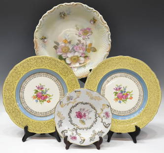 (4) HEAVILY GILDED FLORAL DECORATED CABINET PLATES: (lot of 4) Collection of porcelain cabinet plates, comprising: (1) Schumann Bavaria 'Wild Rose' cabinet plate, transfer and hand painted roses with gilt enamel accents on a green and cream toned